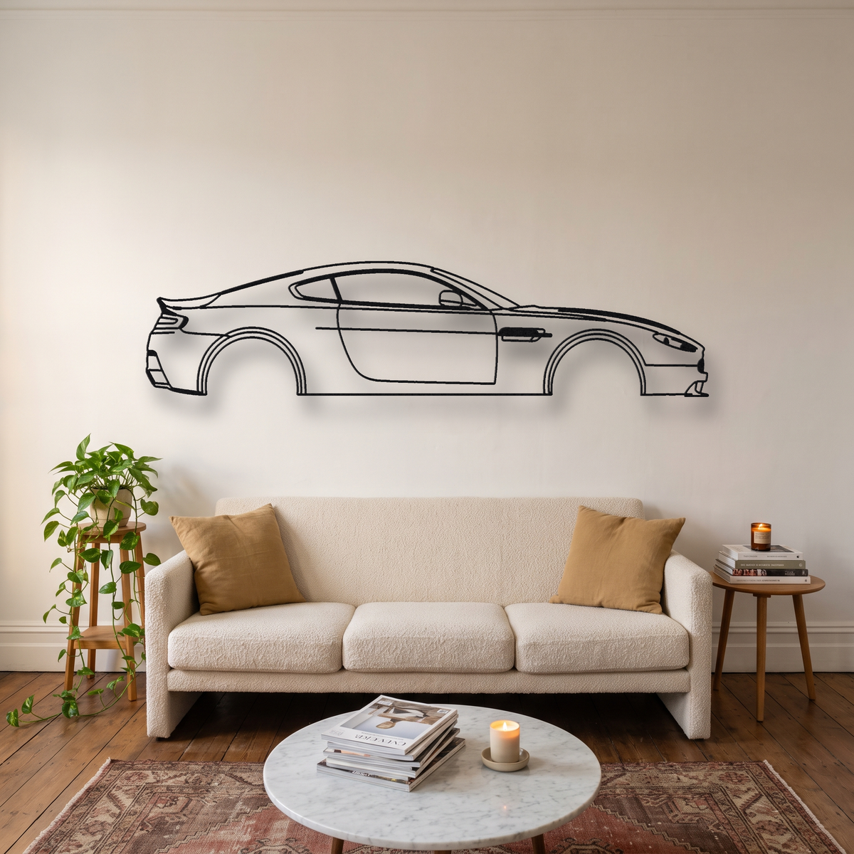 2009-2013 Aston Martin V12 Vantage metal wall art silhouette, front view on wall