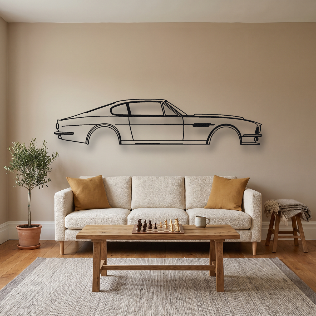 1967-1972 Aston Martin DBS metal wall art silhouette, front view on wall