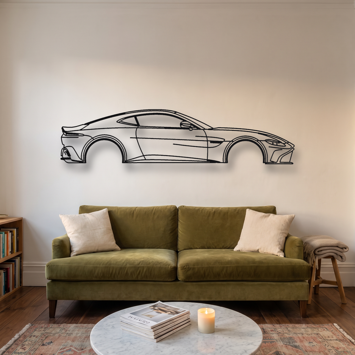 2022-2023 Aston Martin V12 Vantage metal wall art silhouette, front view on wall
