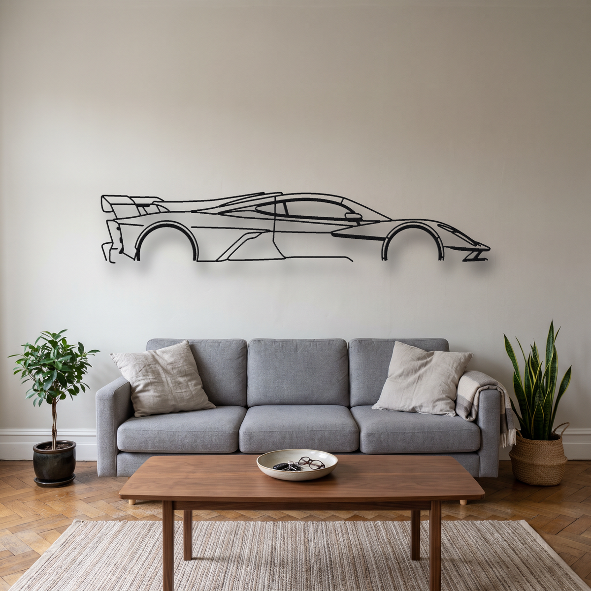 Aston Martin Valkyrie AMR Pro metal wall art silhouette, front view on wall
