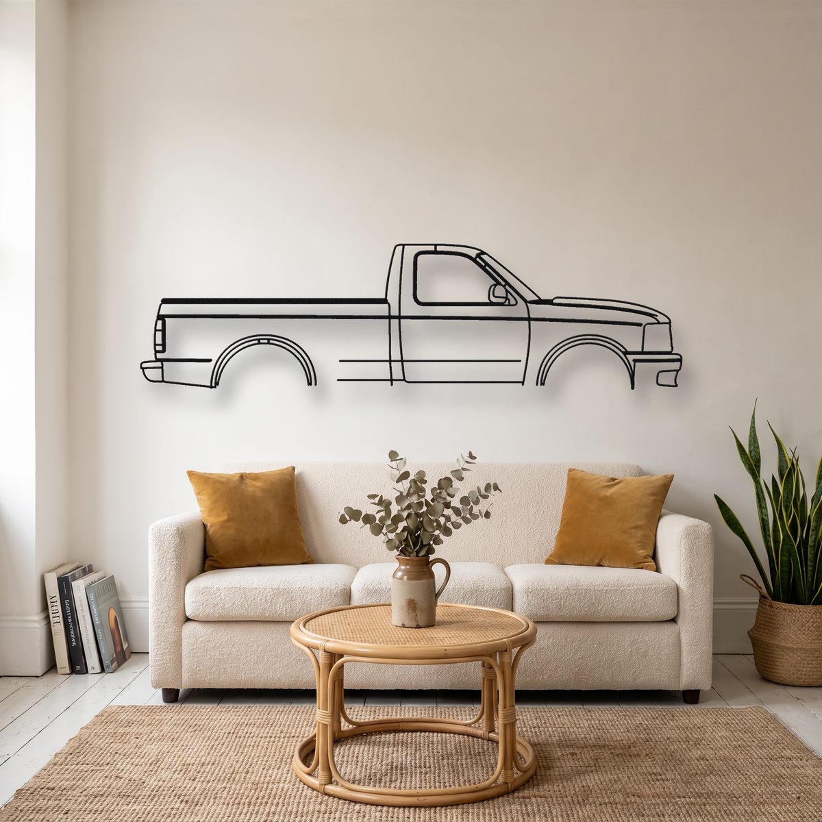 Ford F-150 SVT Lightning Gen 1 metal wall art silhouette, front view on wall