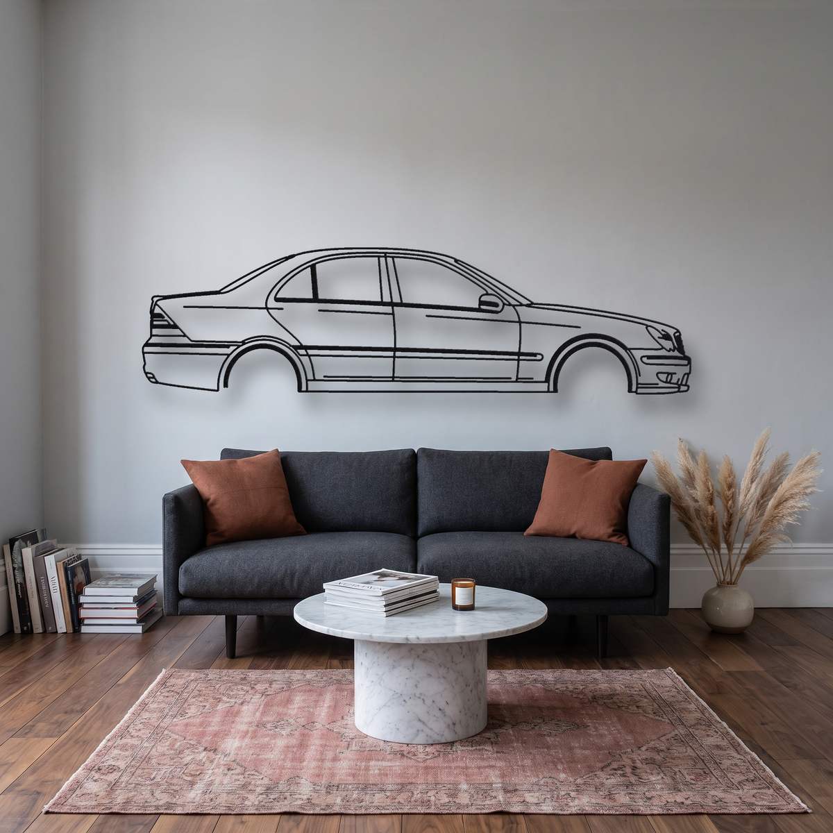 Mercedes-Benz C32 AMG W203 metal wall art silhouette, front view on wall