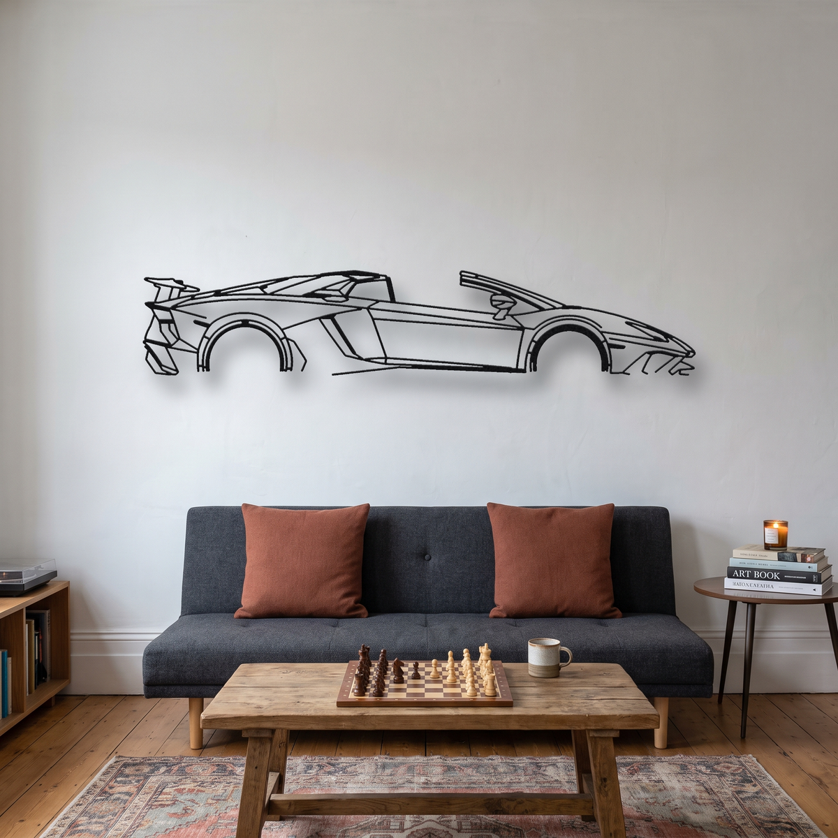 Lamborghini Aventador SV Roadster metal wall art silhouette, front view on wall