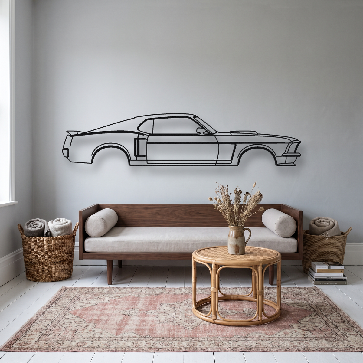 Ford Mustang Boss 351 metal wall art silhouette, front view on wall