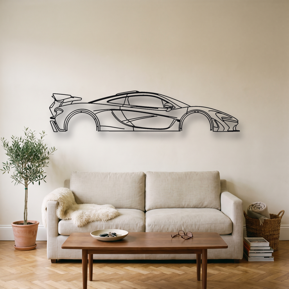 McLaren P1 LM metal wall art silhouette, front view on wall