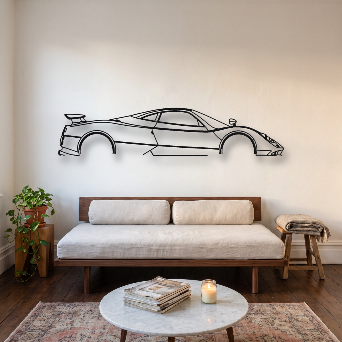 Pagani Zonda F metal wall art silhouette, front view on wall