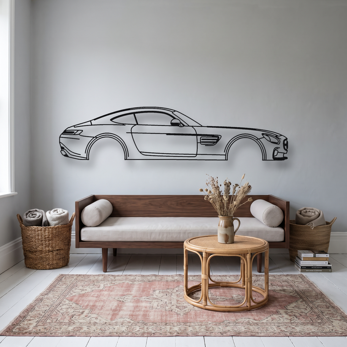 Mercedes-AMG GT C190 metal wall art silhouette, front view on wall