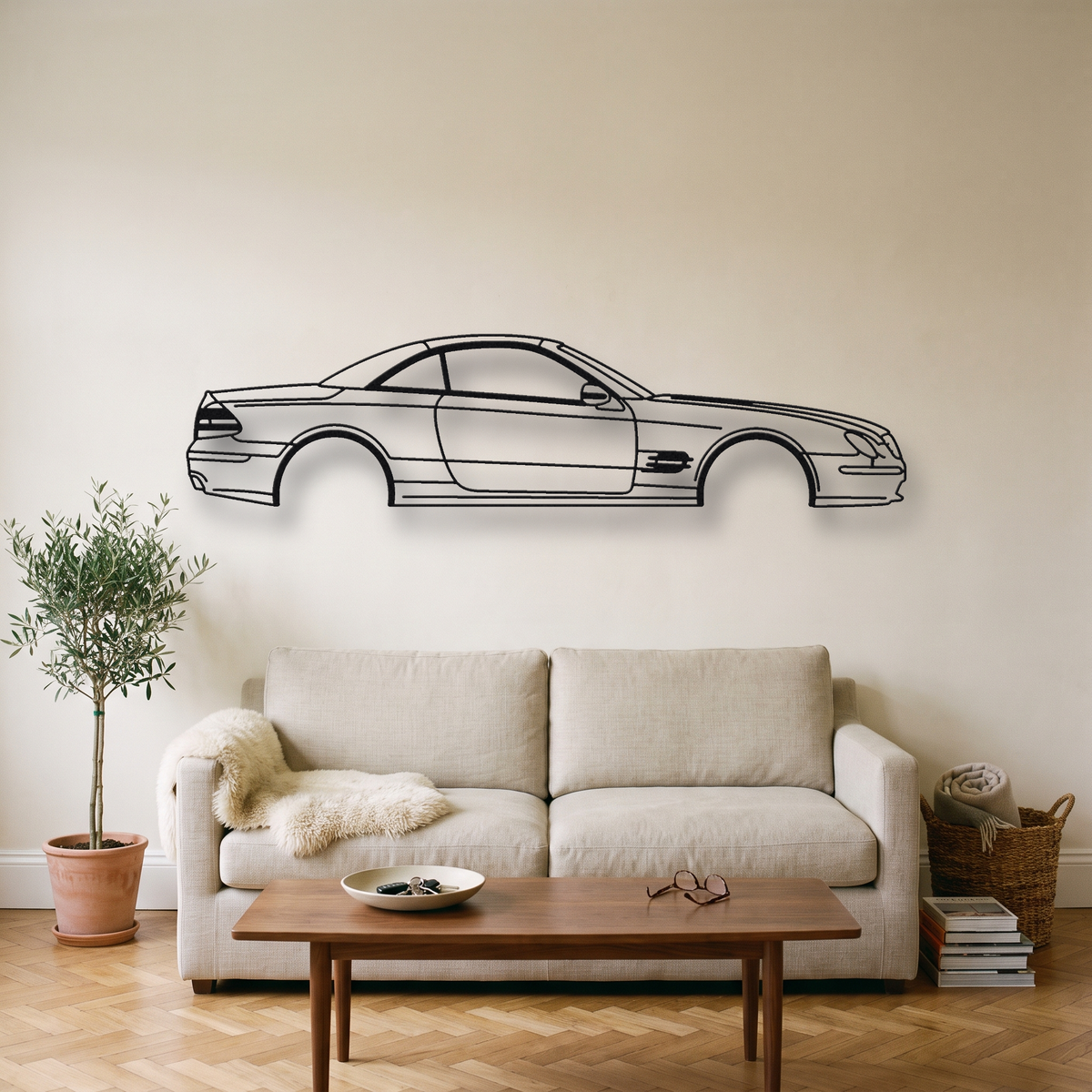 Mercedes-Benz SL55 AMG R230 metal wall art silhouette, front view on wall