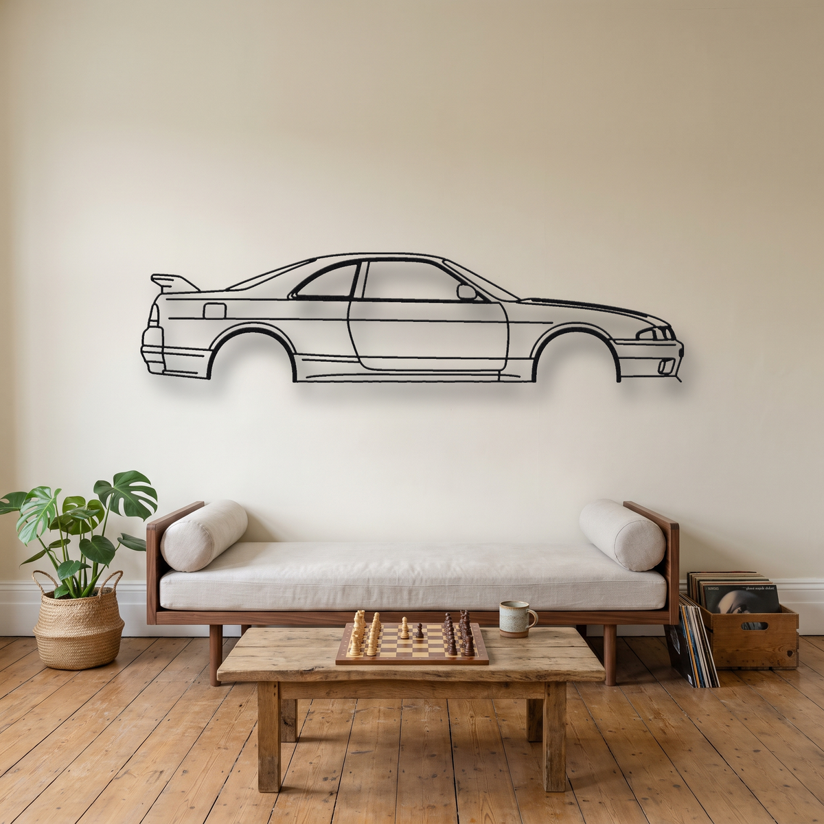 Nissan Skyline GT-R BCNR33 metal wall art silhouette, front view on wall