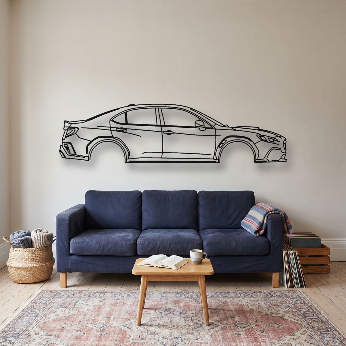 Subaru WRX VB metal wall art silhouette, front view on wall