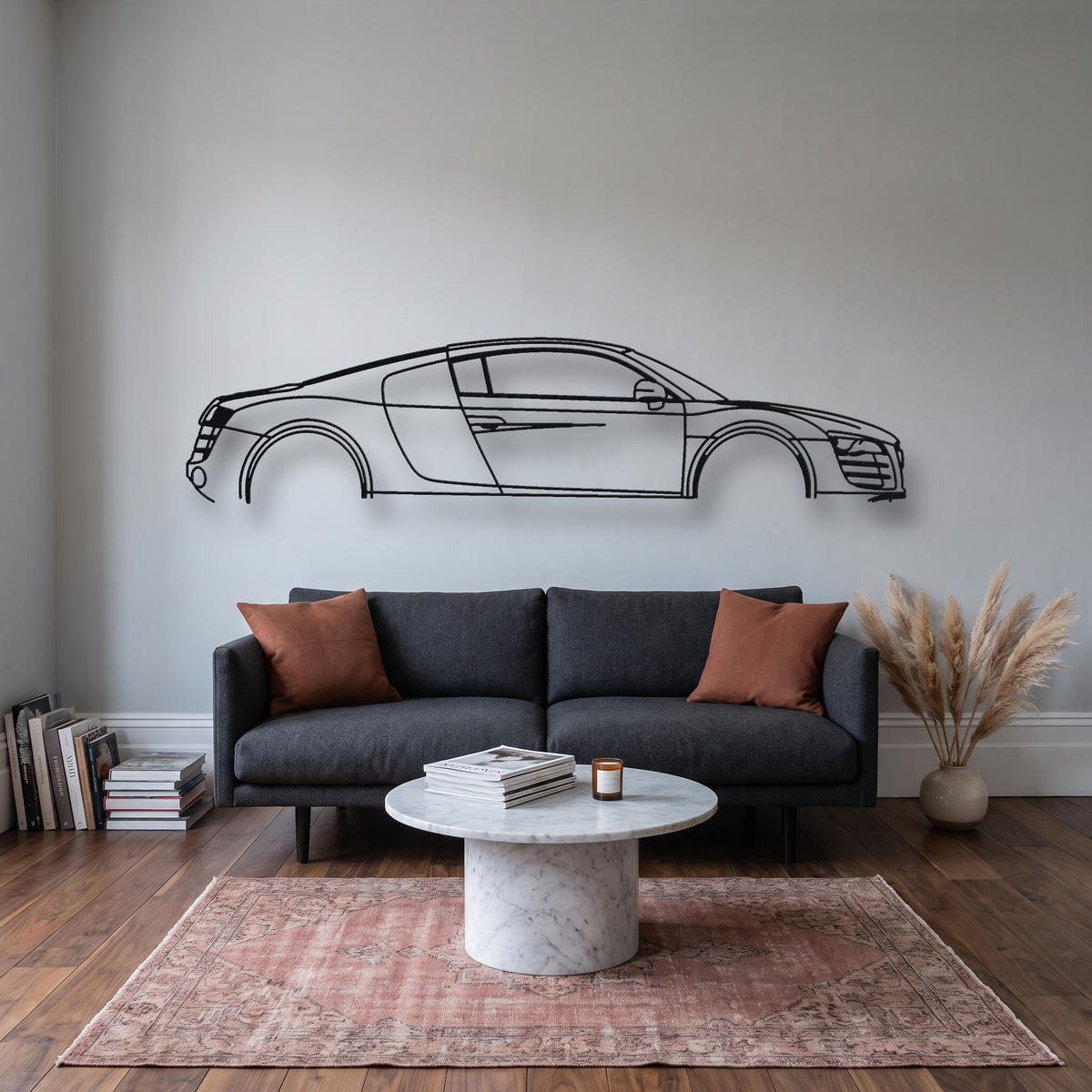 Audi R8 V10 Gen 1 Type 42 metal wall art silhouette, front view on wall