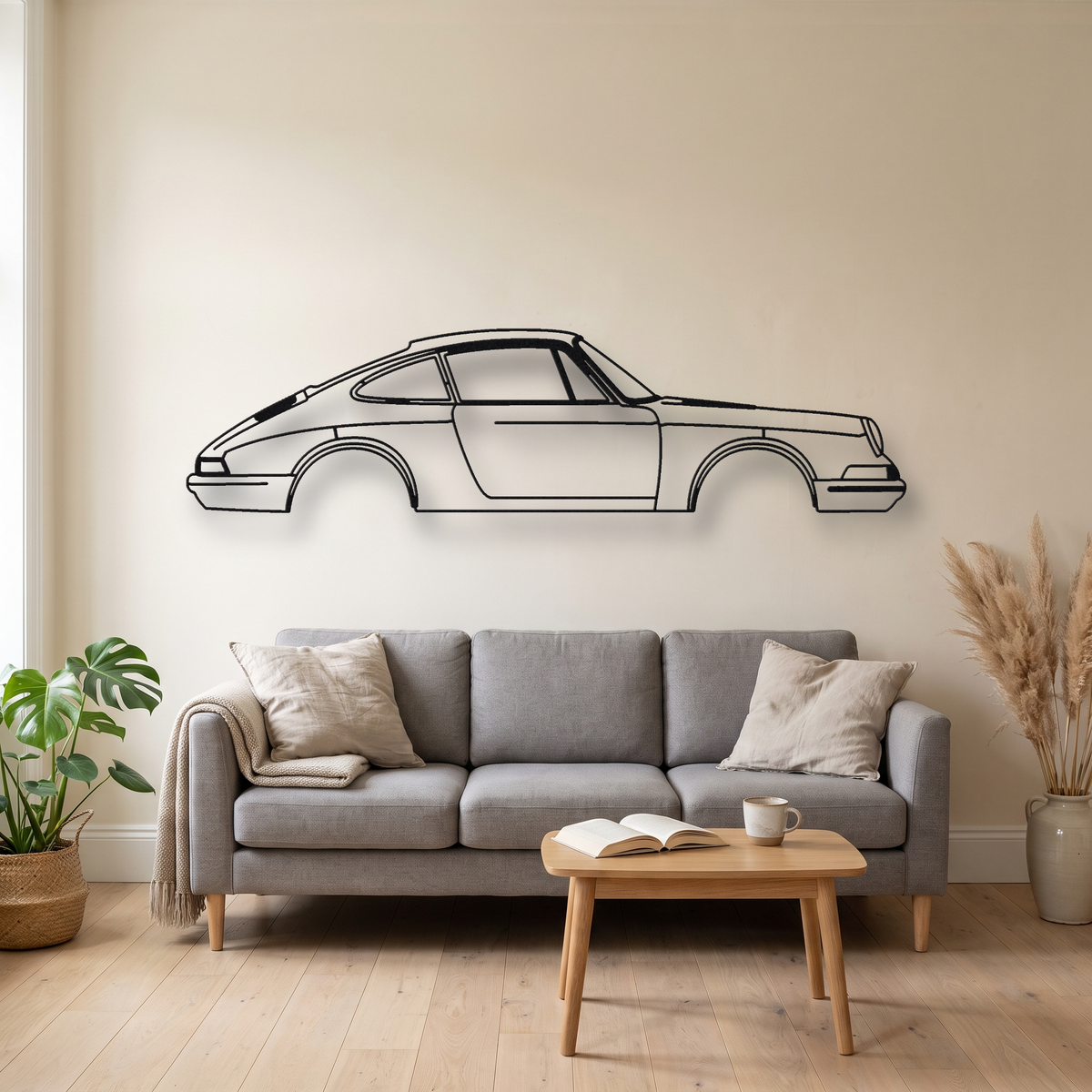 Porsche 912 metal wall art silhouette, front view on wall