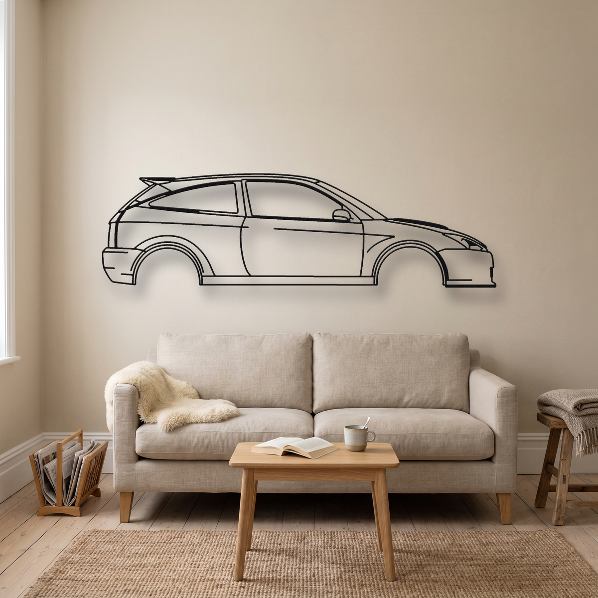 Ford Focus RS MK1 metal wall art silhouette, front view on wall