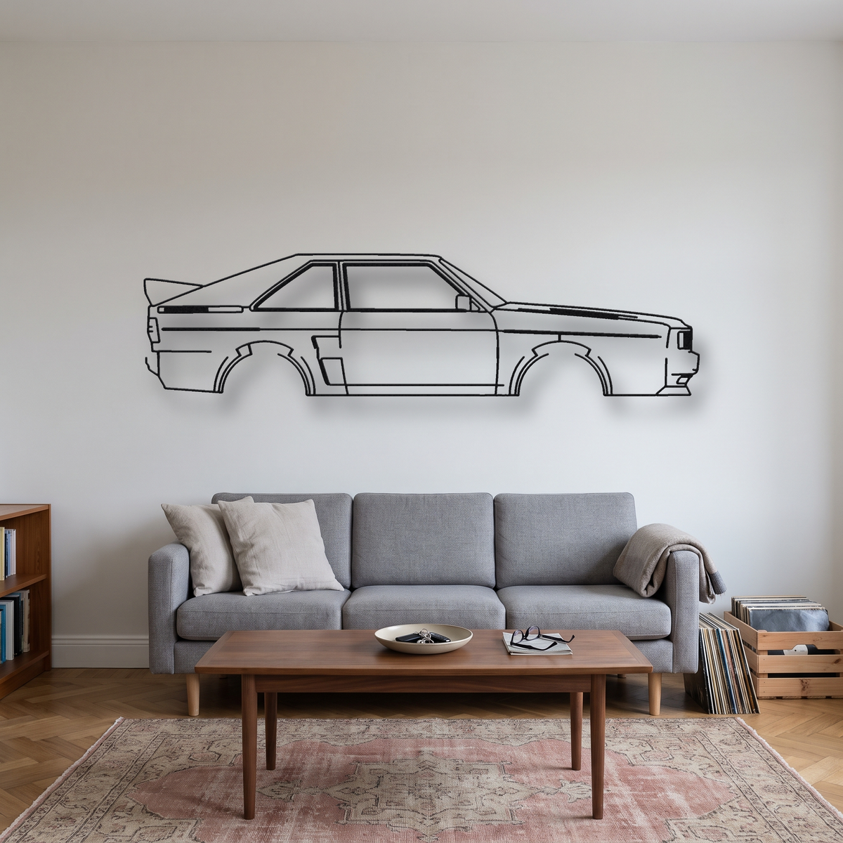 Audi Sport Quattro metal wall art silhouette, front view on wall