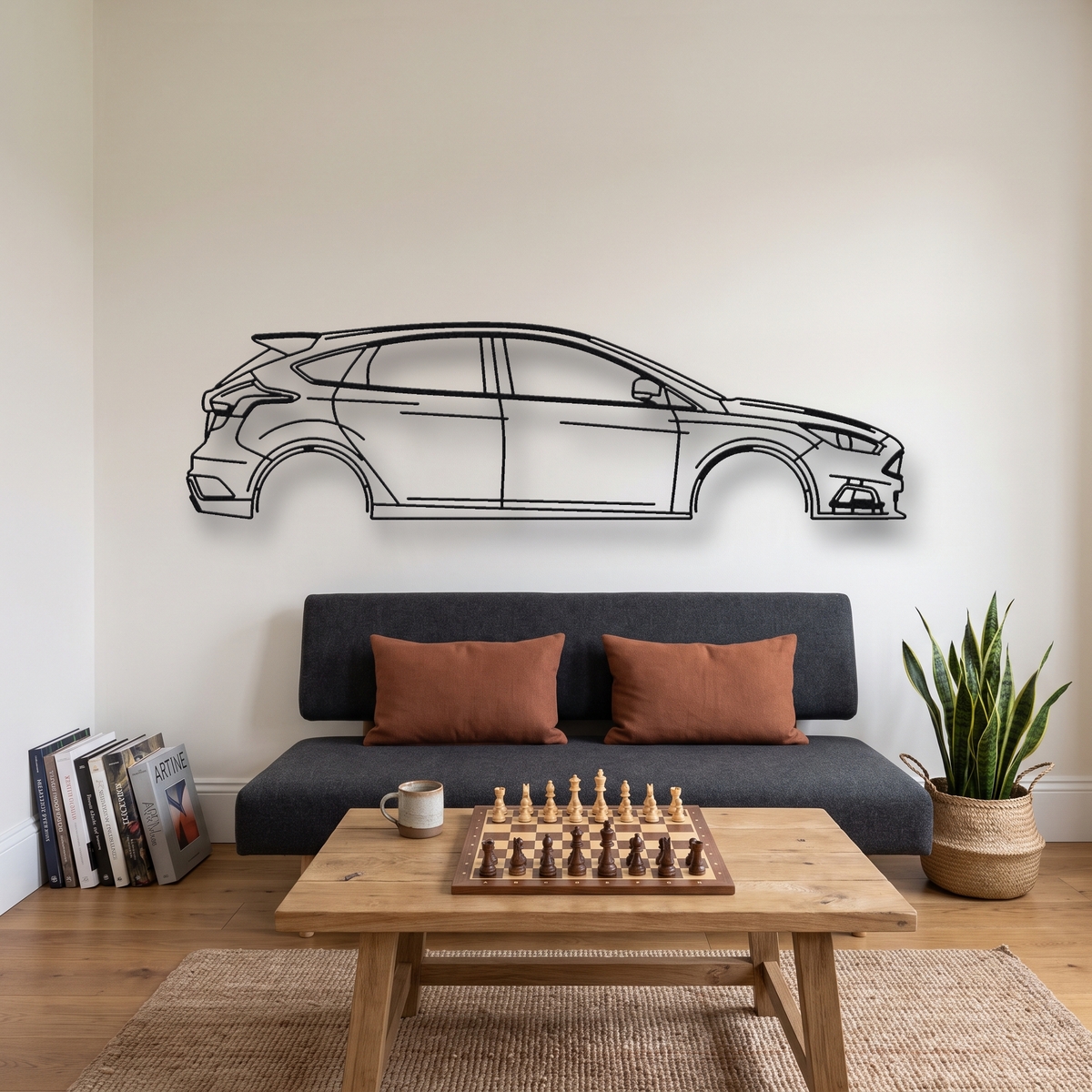 Ford Focus ST MK3 metal wall art silhouette, front view on wall