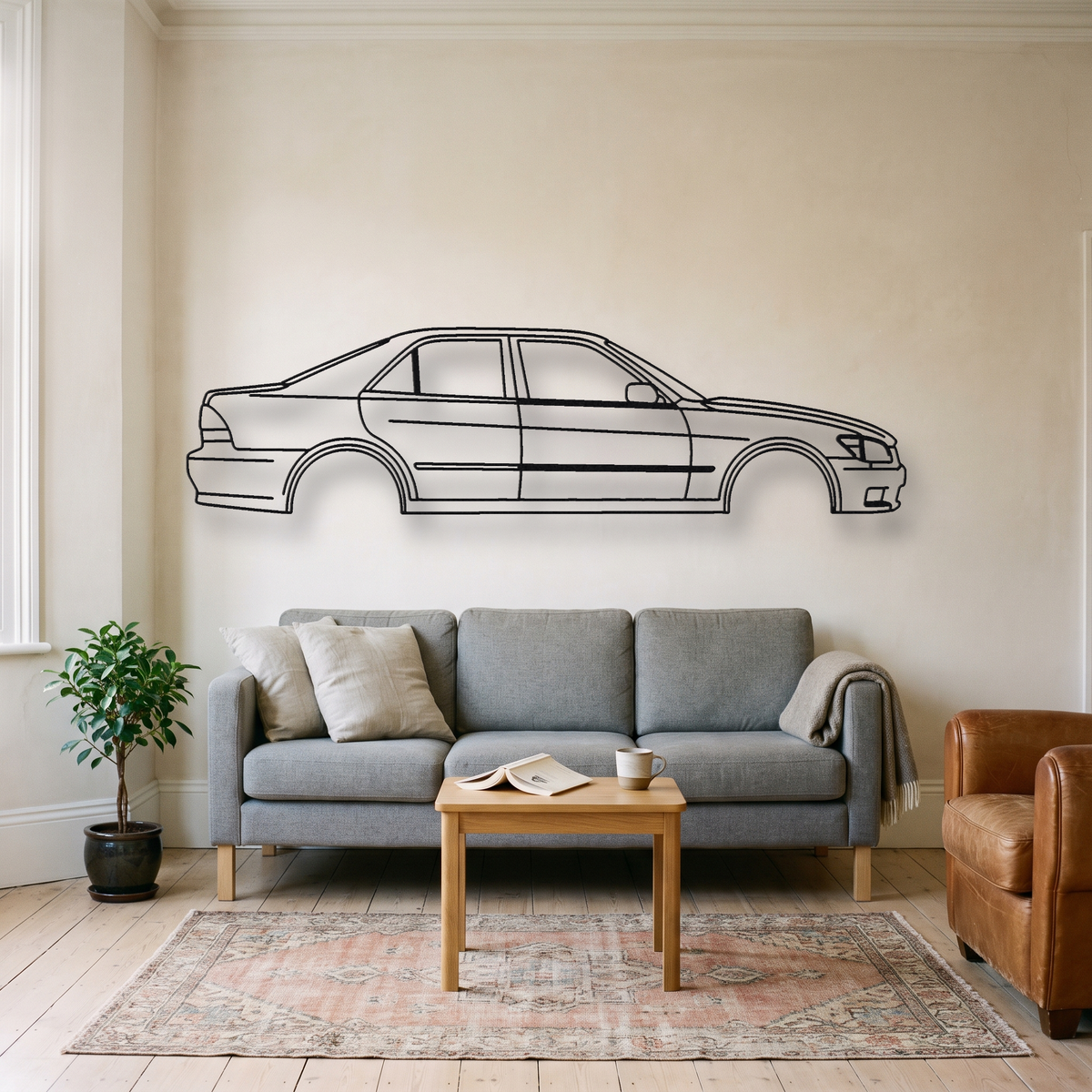 Lexus IS 300 XE10 metal wall art silhouette, front view on wall