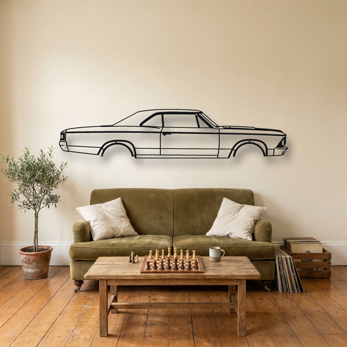 1966-1967 Chevrolet Chevelle SS 396 metal wall art silhouette, front view on wall