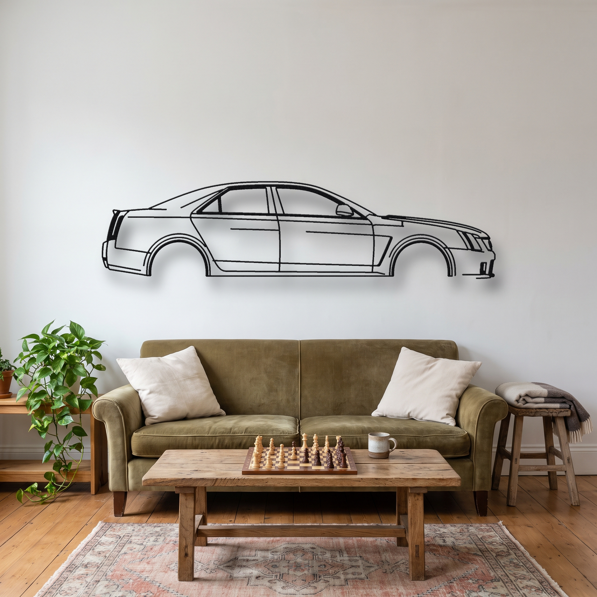 Cadillac CTS-V Gen 2 metal wall art silhouette, front view on wall