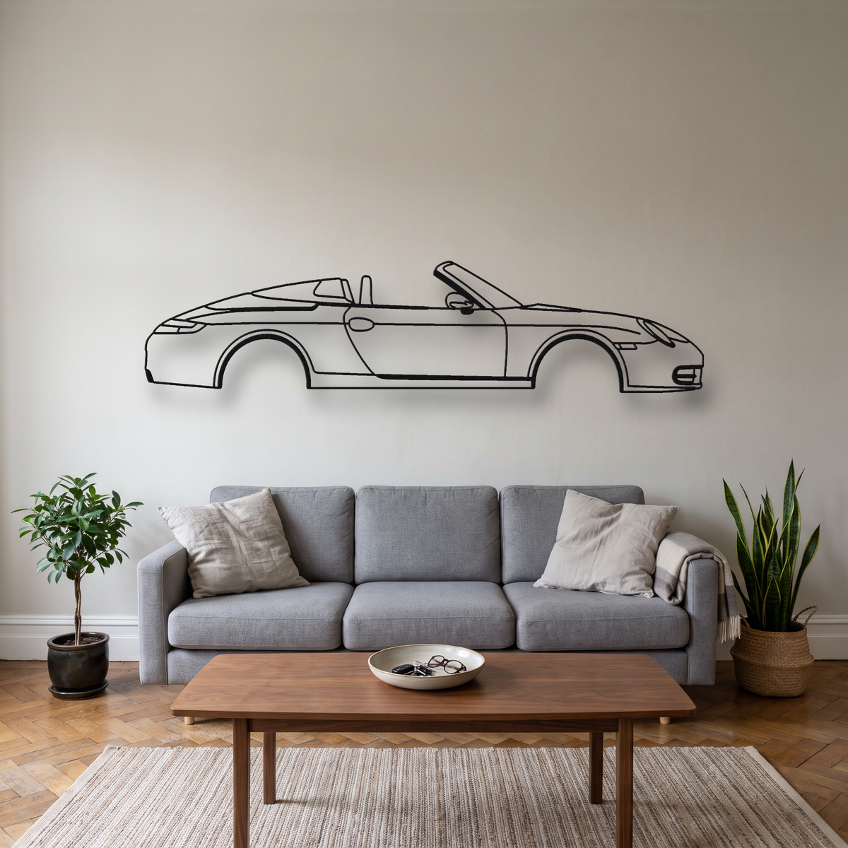Porsche 911 Speedster 997 metal wall art silhouette, front view on wall