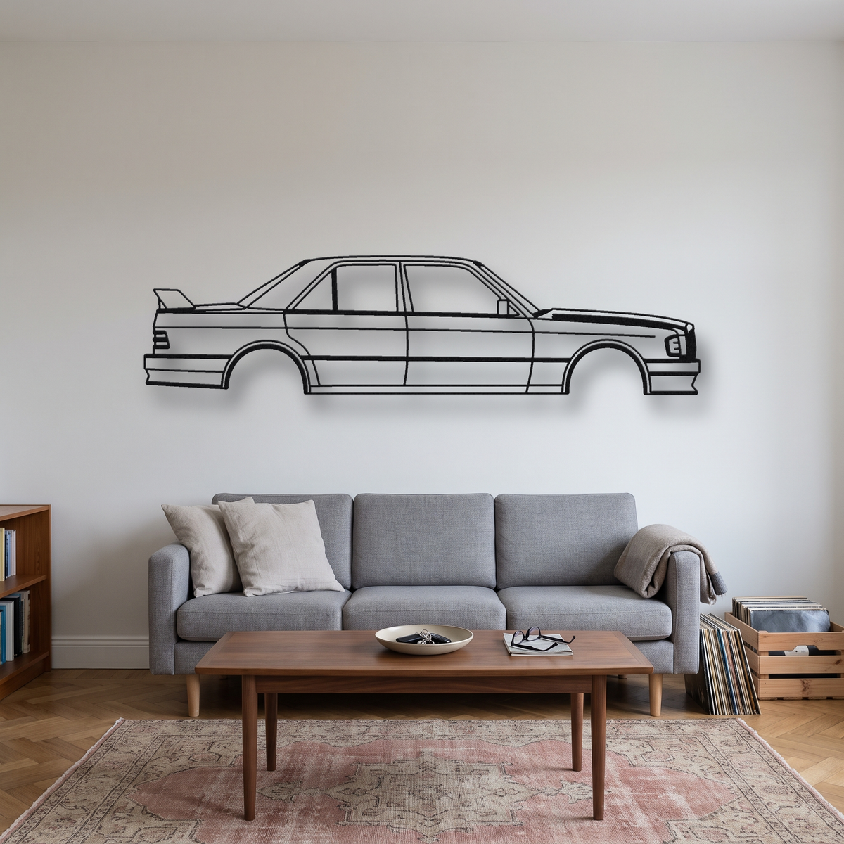 Mercedes-Benz 190E 2.5-16 metal wall art silhouette, front view on wall