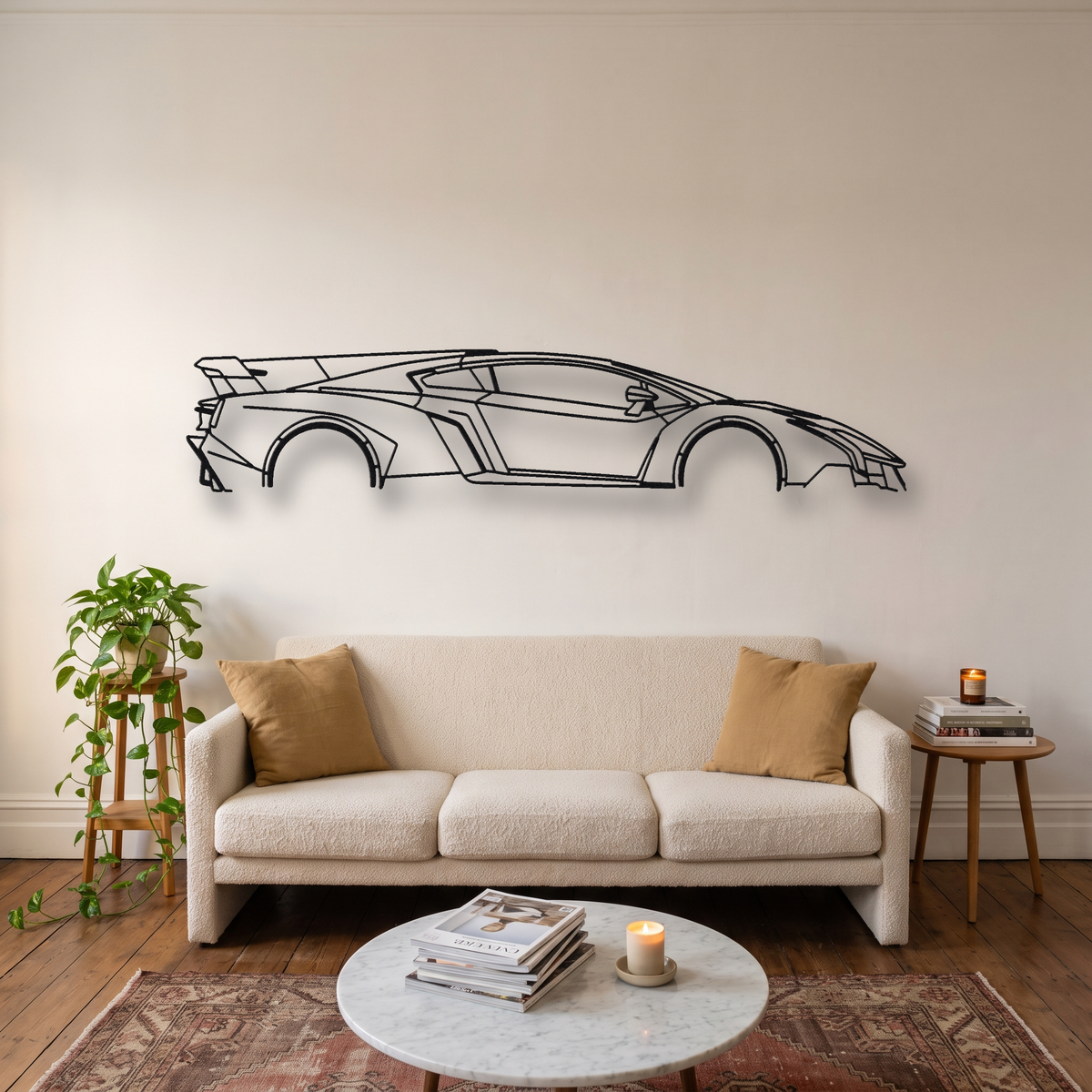 Lamborghini Veneno metal wall art silhouette, front view on wall