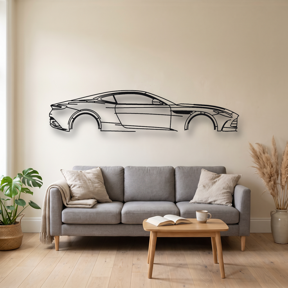 Aston Martin DB12 Coupe metal wall art silhouette, front view on wall
