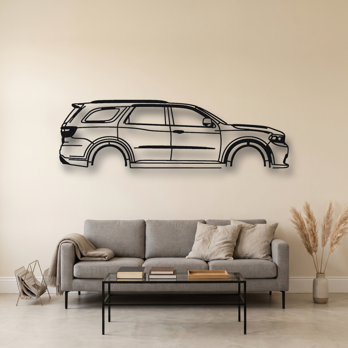 2021- Dodge Durango SRT Hellcat WD metal wall art silhouette, front view on wall