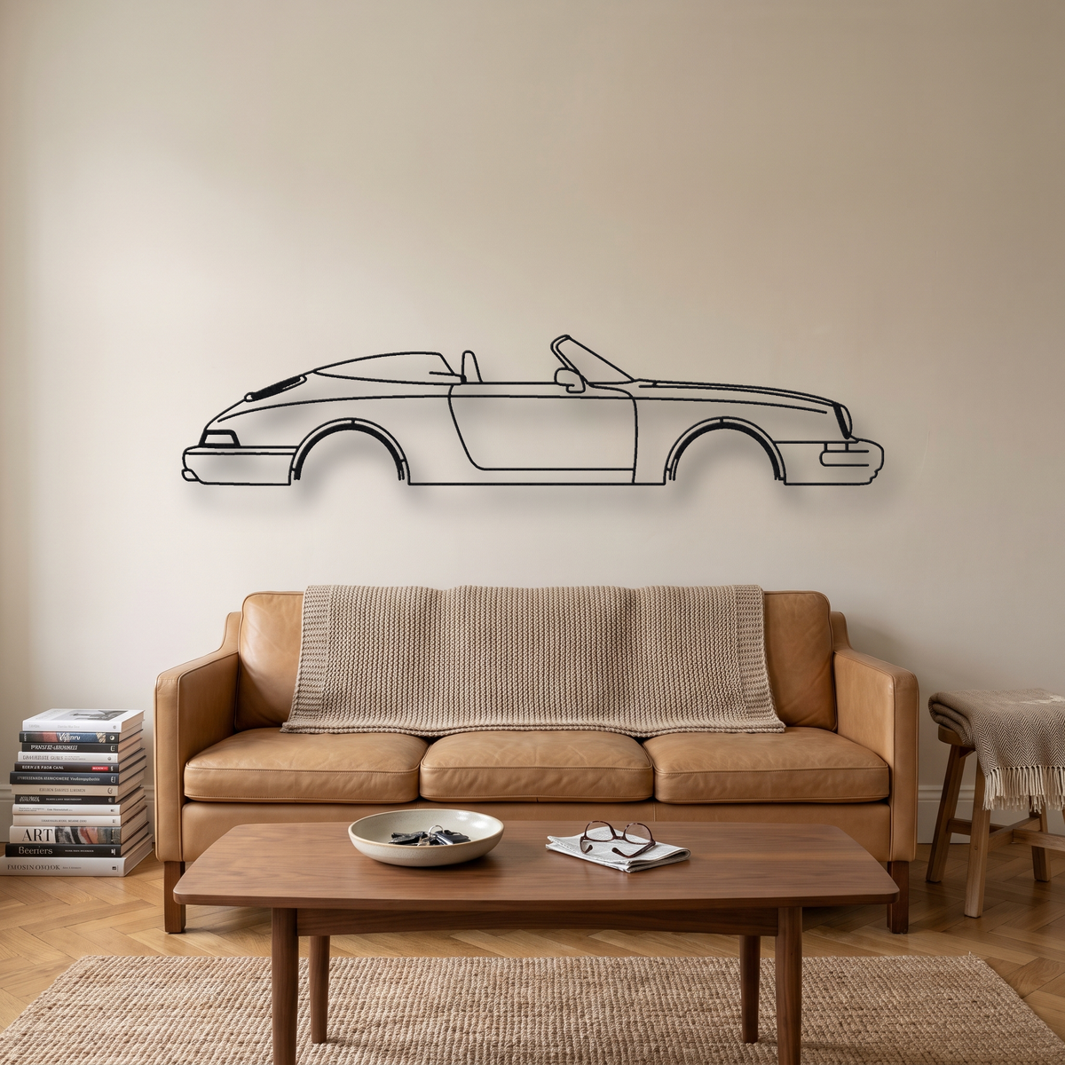Porsche 964 Speedster metal wall art silhouette, front view on wall