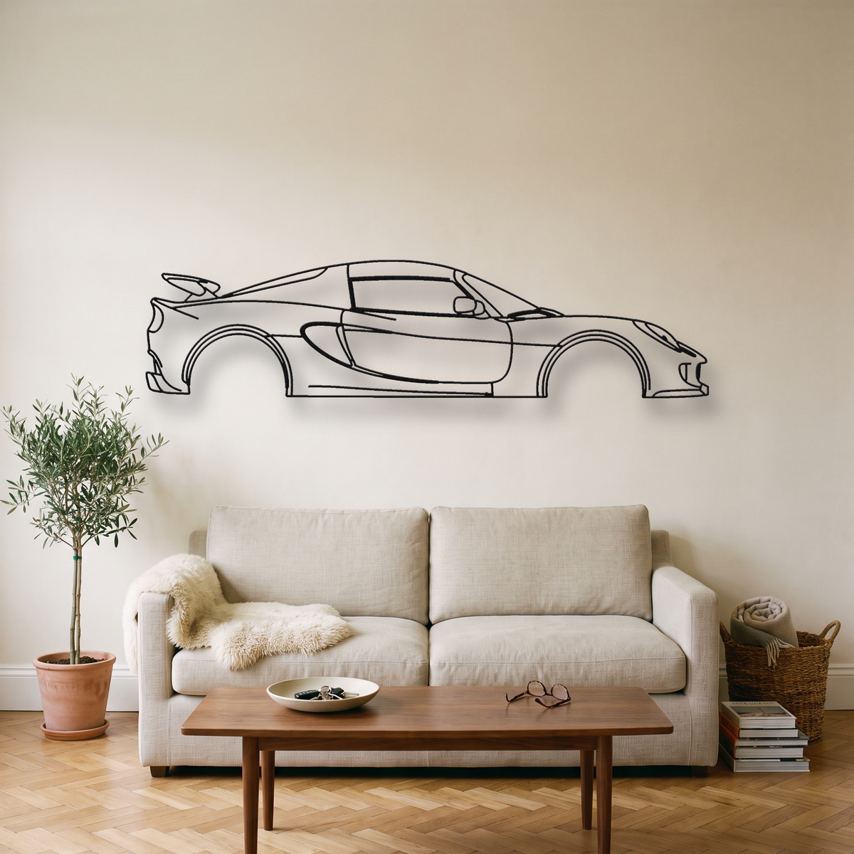 Lotus Exige Series 2 metal wall art silhouette, front view on wall