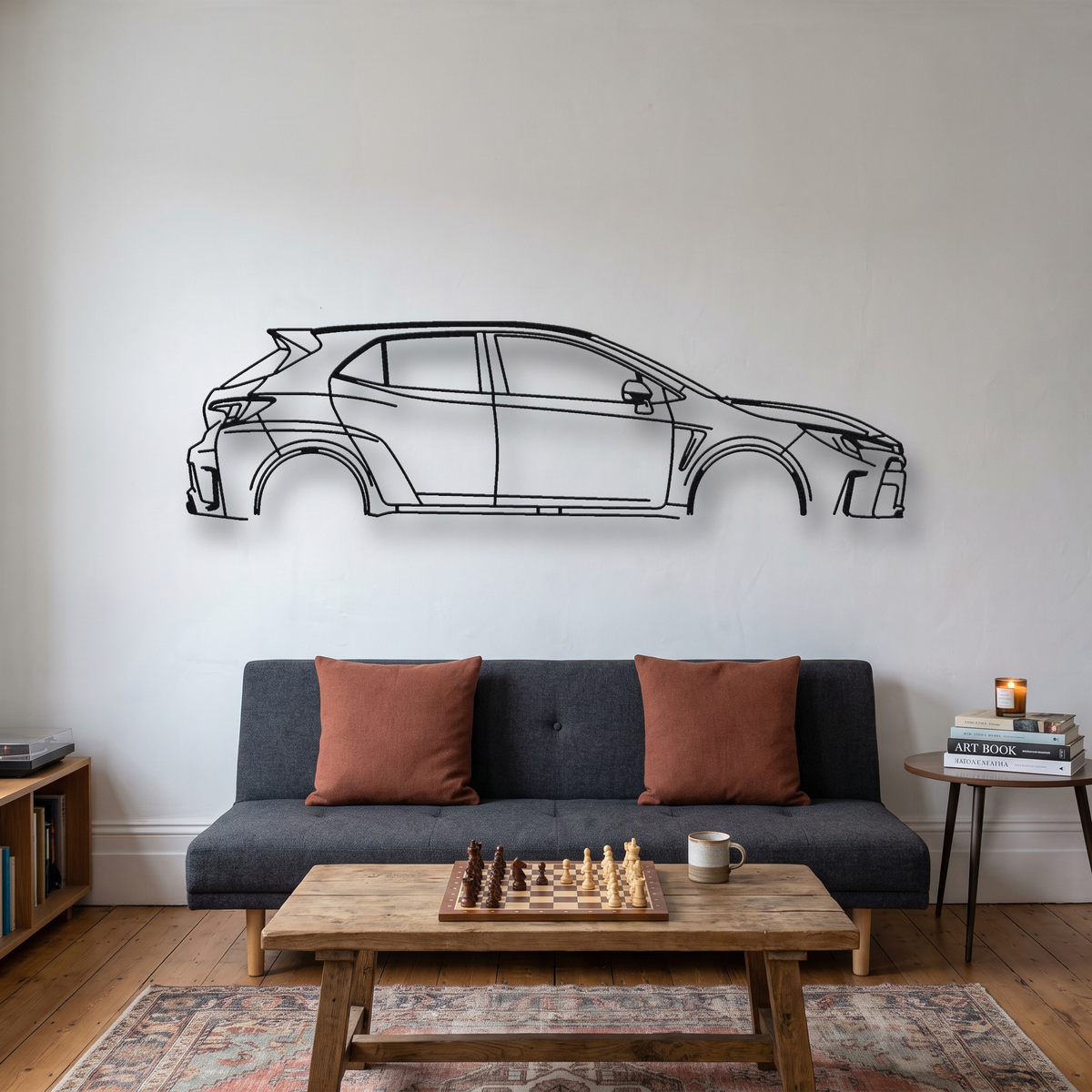 Toyota GR Corolla metal wall art silhouette, front view on wall