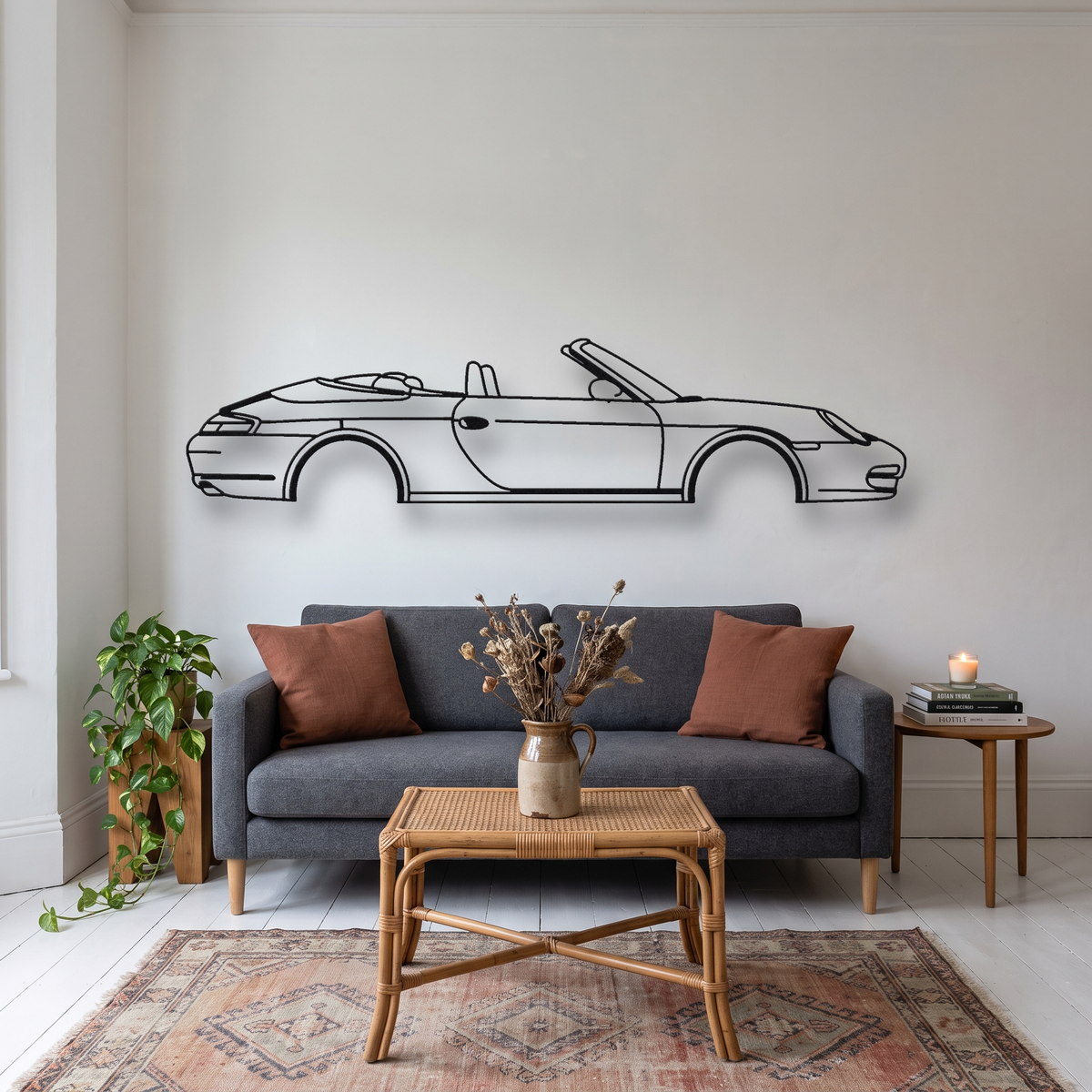Porsche 911 Carrera Cabriolet 996 metal wall art silhouette, front view on wall