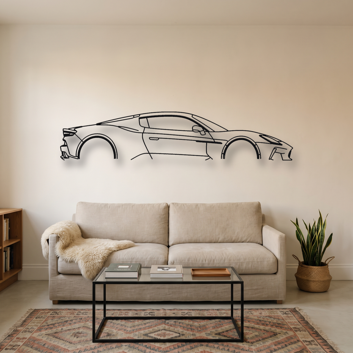 Maserati MCPura metal wall art silhouette, front view on wall