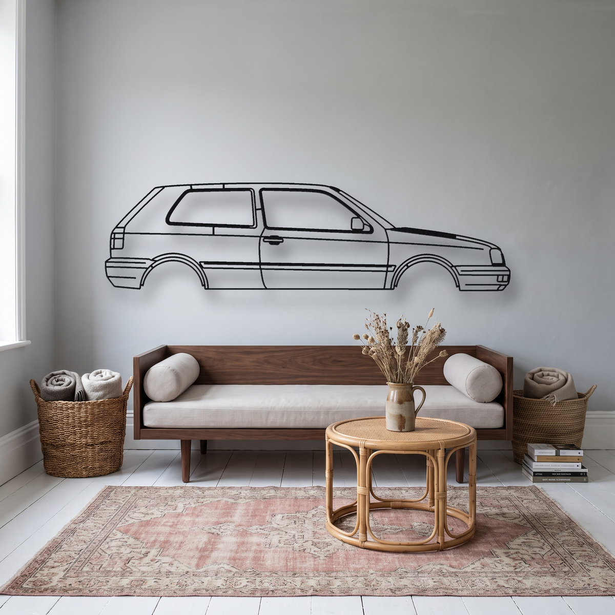 Volkswagen Golf VR6 MK3 metal wall art silhouette, front view on wall