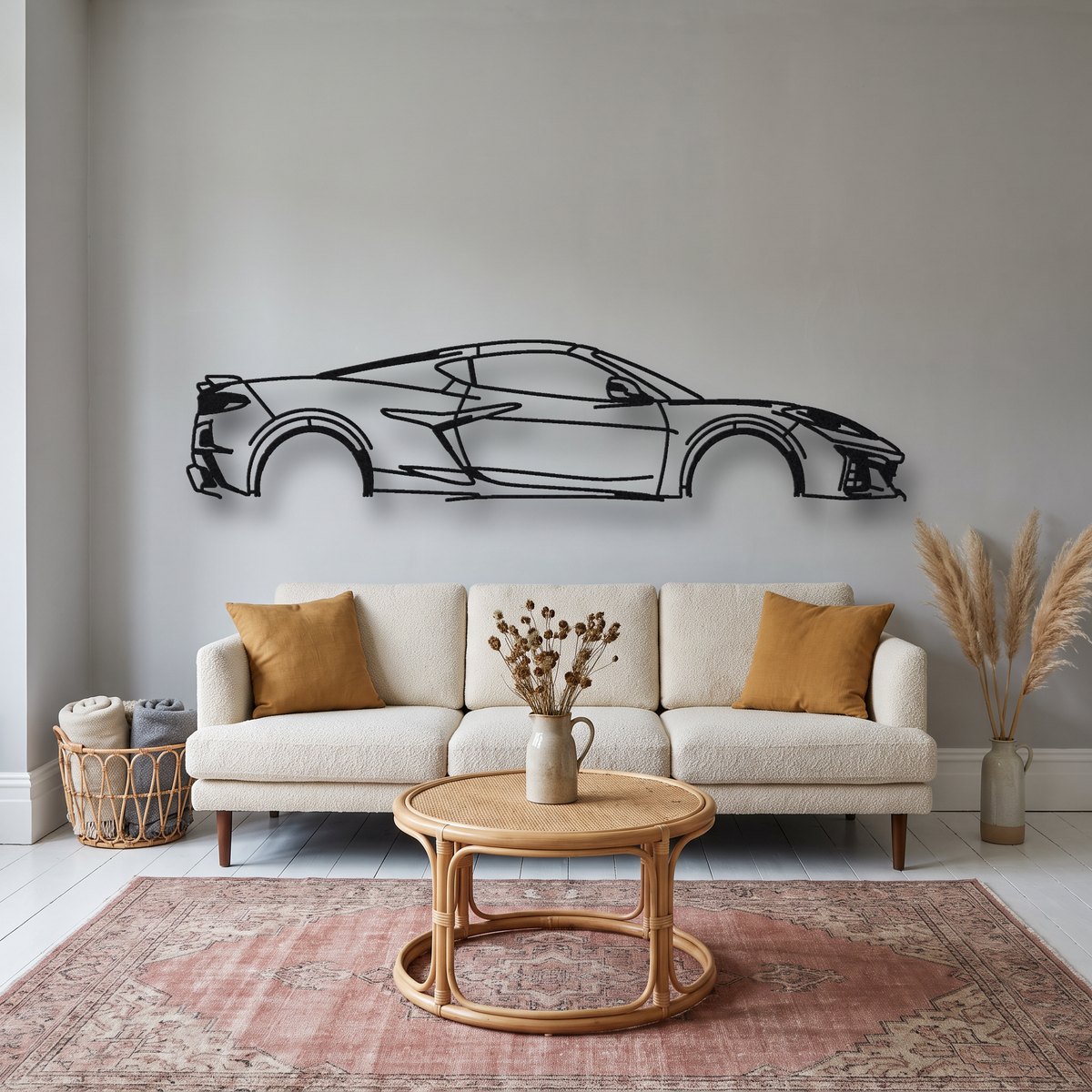 2023- Chevrolet Corvette Z06 Z07 Package C8 metal wall art silhouette, front view on wall