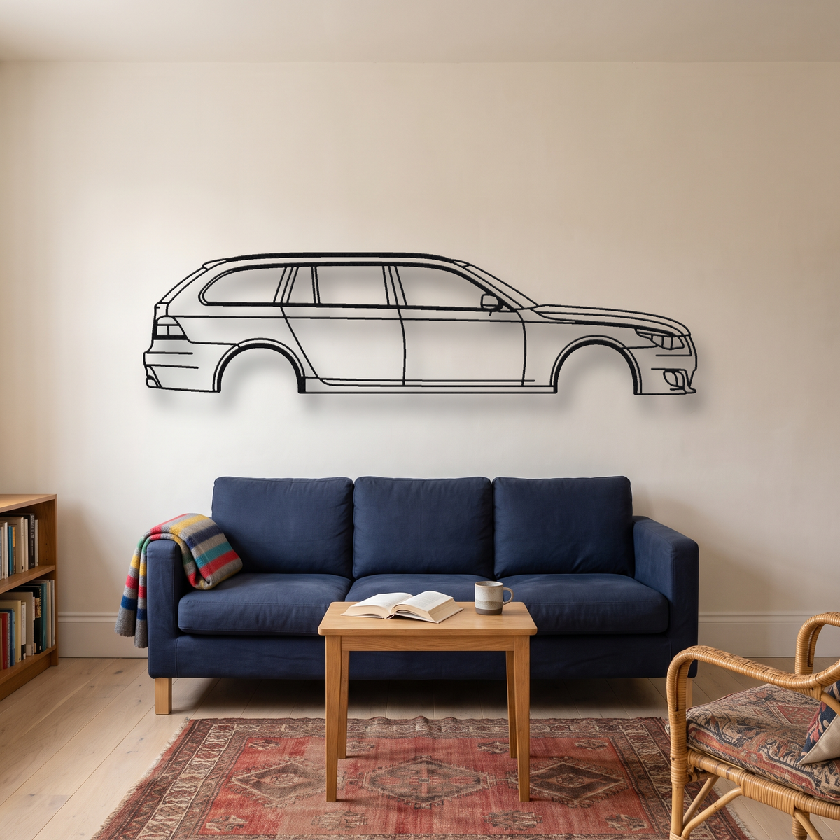 BMW M5 Touring E61 metal wall art silhouette, front view on wall