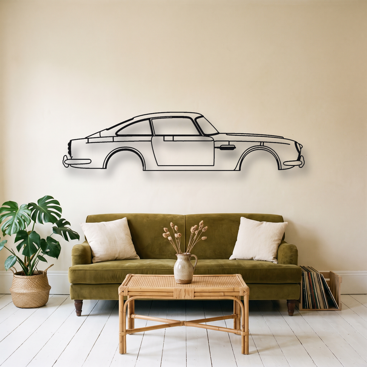 Aston Martin DB5 metal wall art silhouette, front view on wall