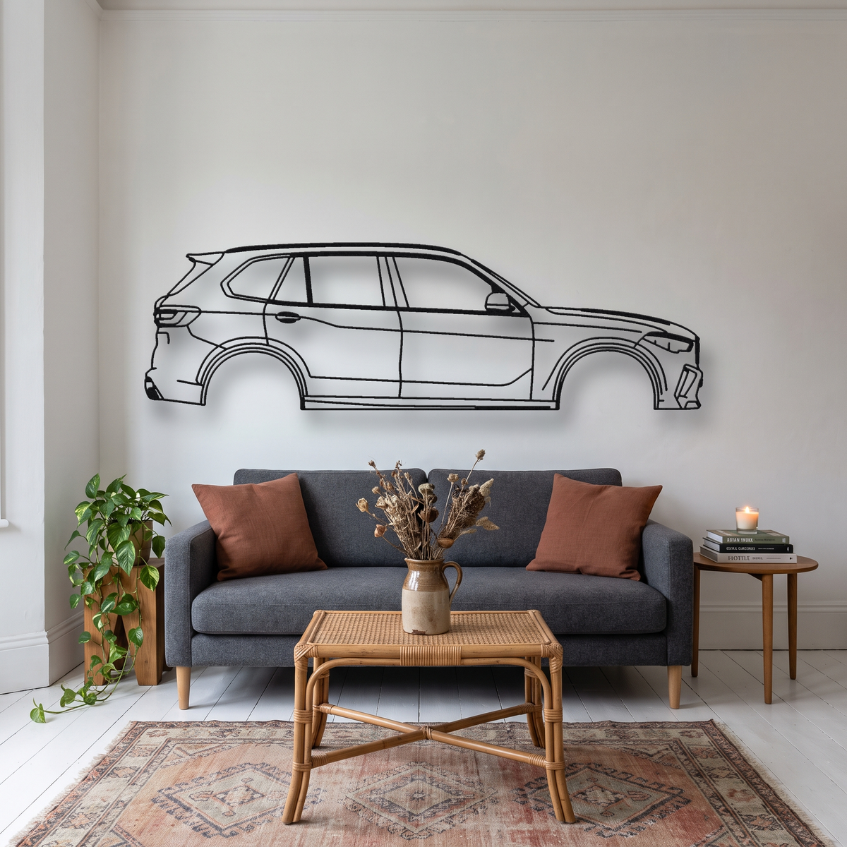 BMW X5M F95 metal wall art silhouette, front view on wall