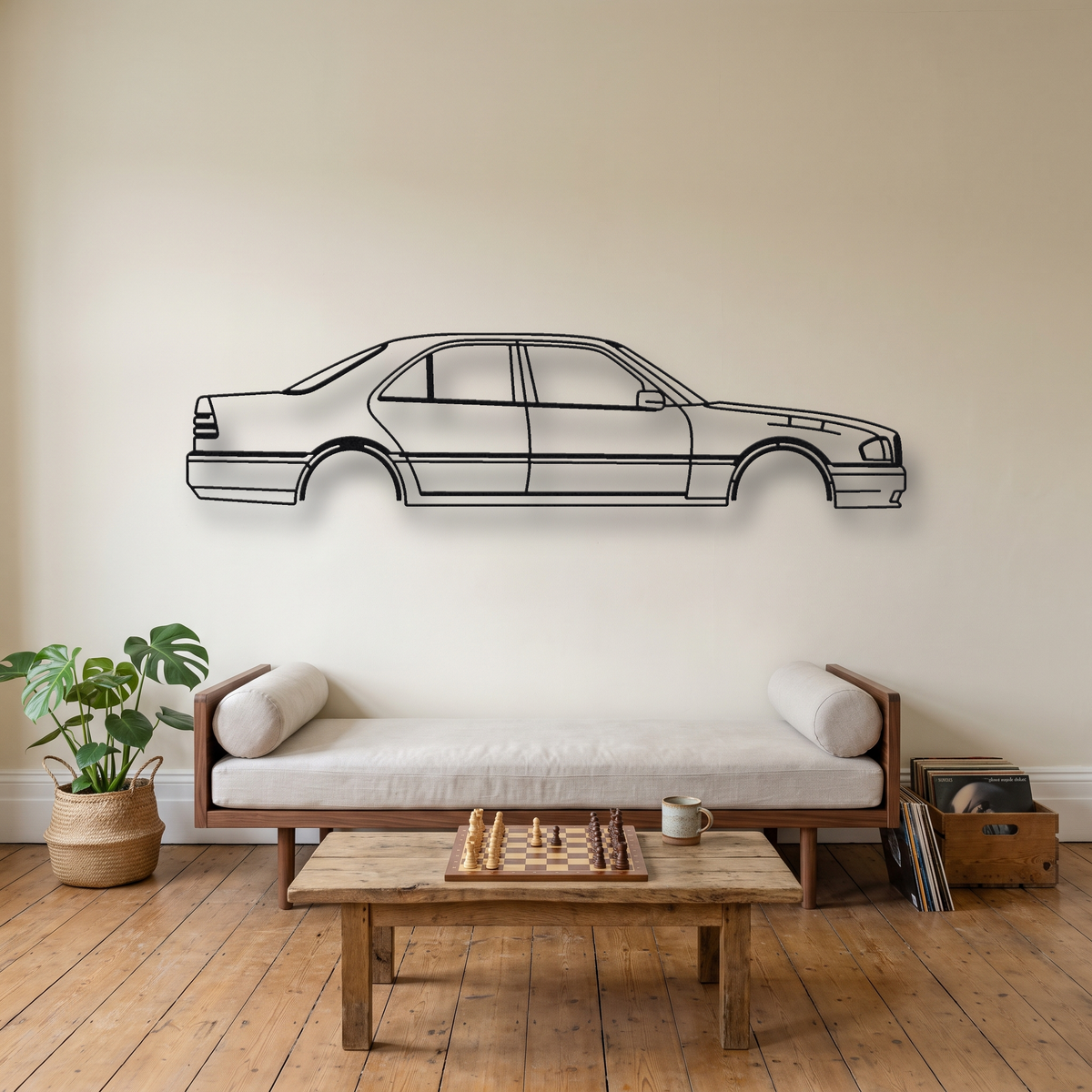 Mercedes-Benz C43 AMG W202 metal wall art silhouette, front view on wall