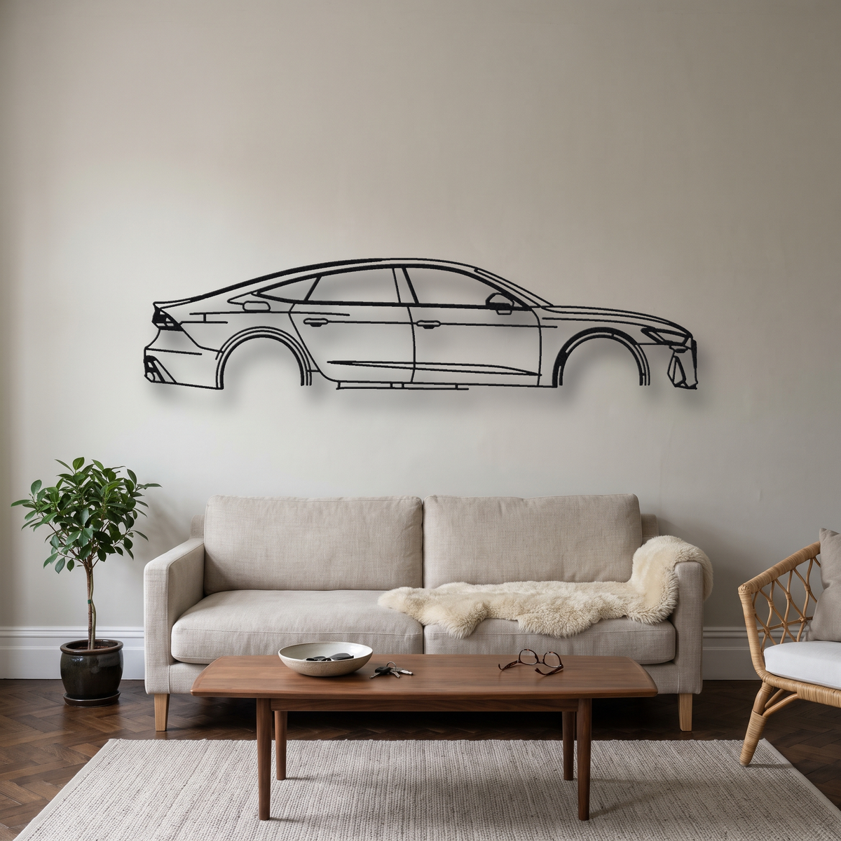 Audi RS7 Sportback C8 metal wall art silhouette, front view on wall