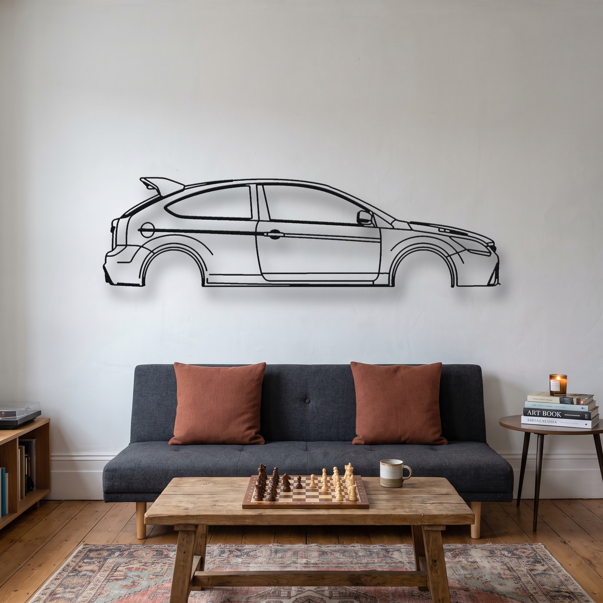 Ford Focus RS500 MK2 metal wall art silhouette, front view on wall