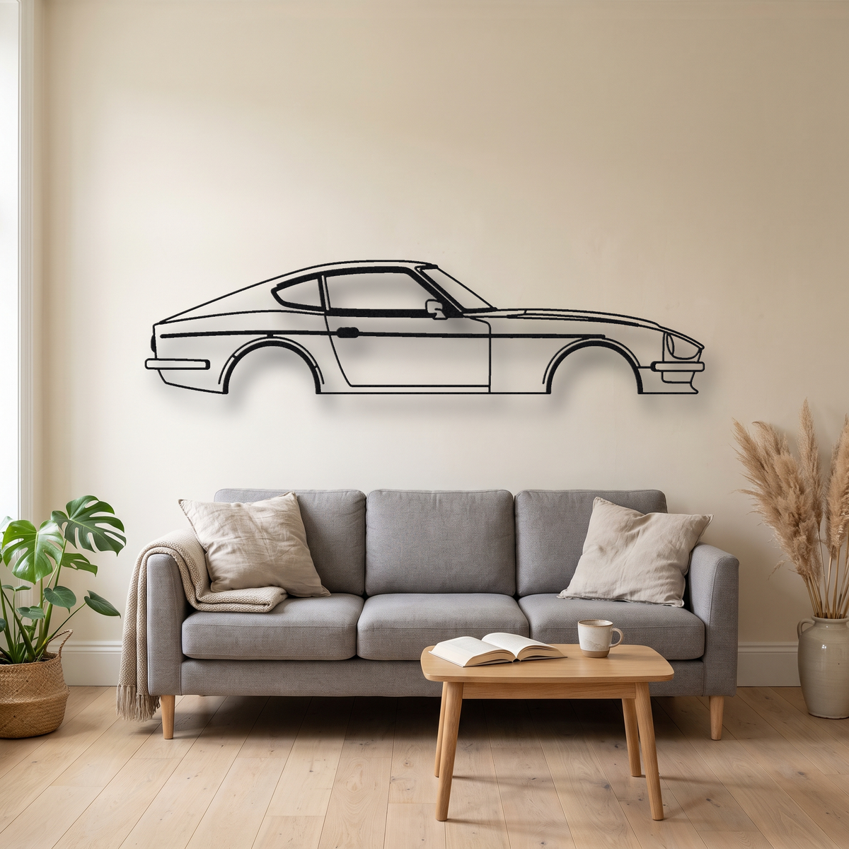 Datsun 260Z metal wall art silhouette, front view on wall