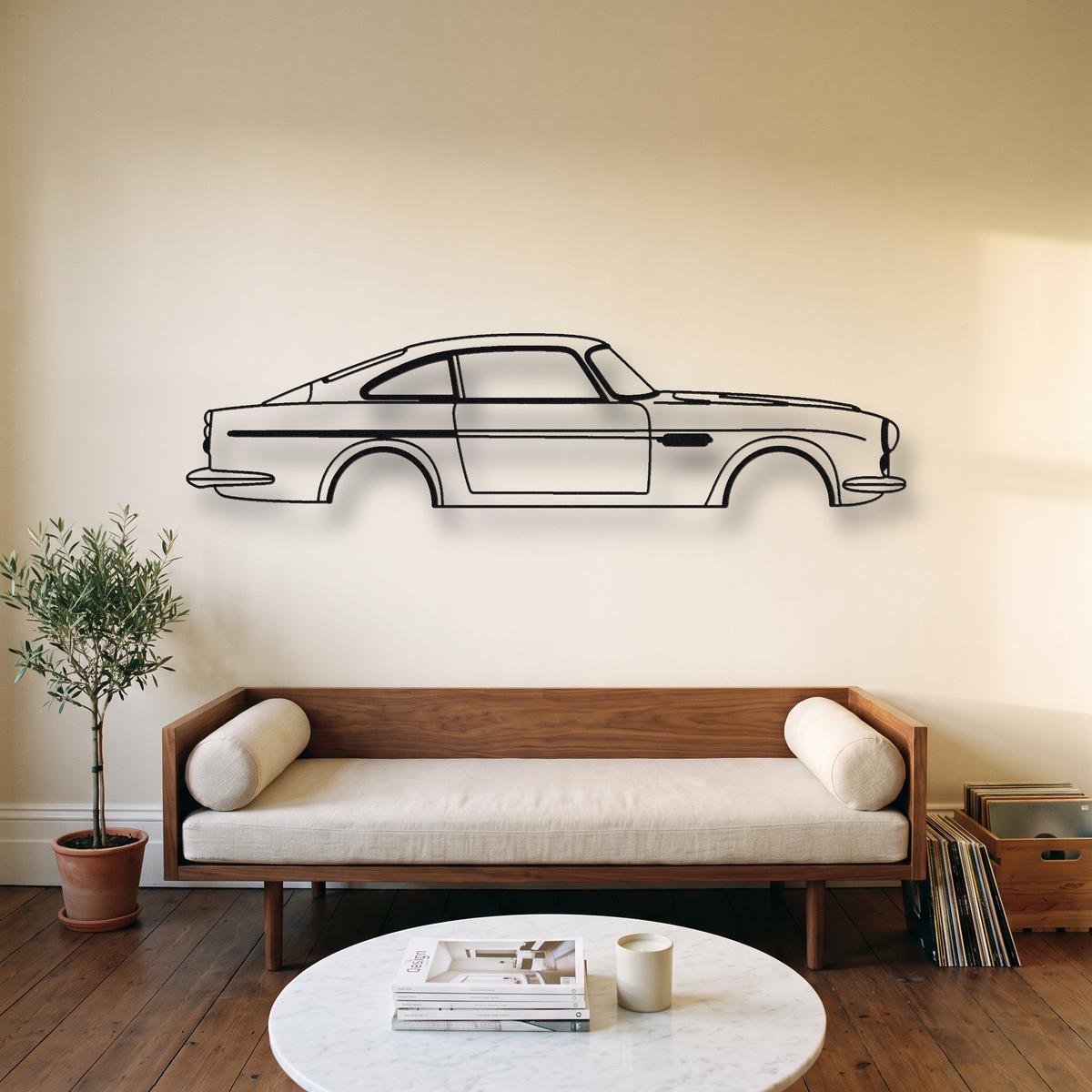 Aston Martin DB4 metal wall art silhouette, front view on wall