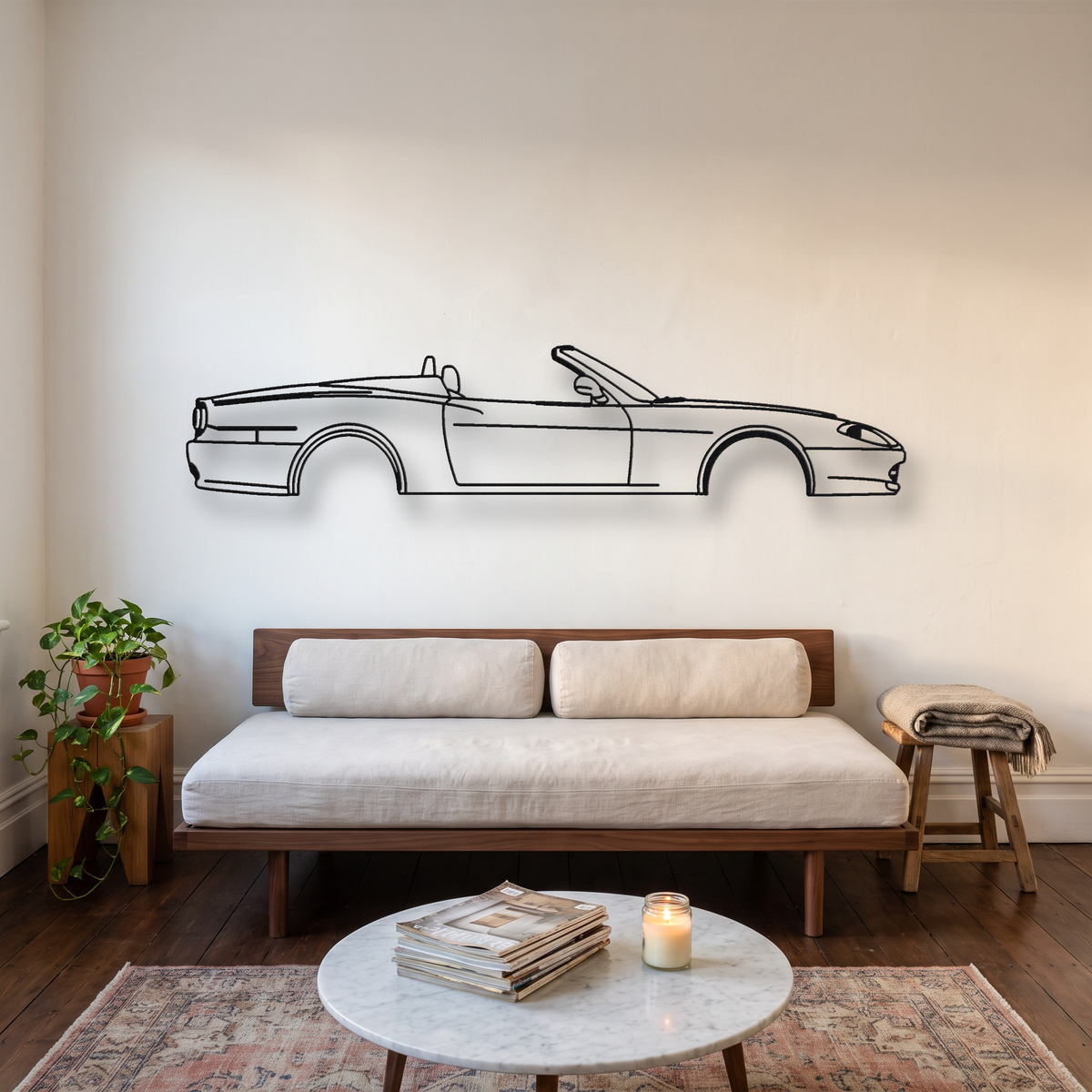 Ferrari 575 Superamerica metal wall art silhouette, front view on wall