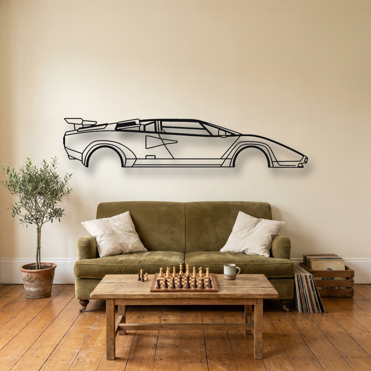 Lamborghini Countach 5000 QV metal wall art silhouette, front view on wall