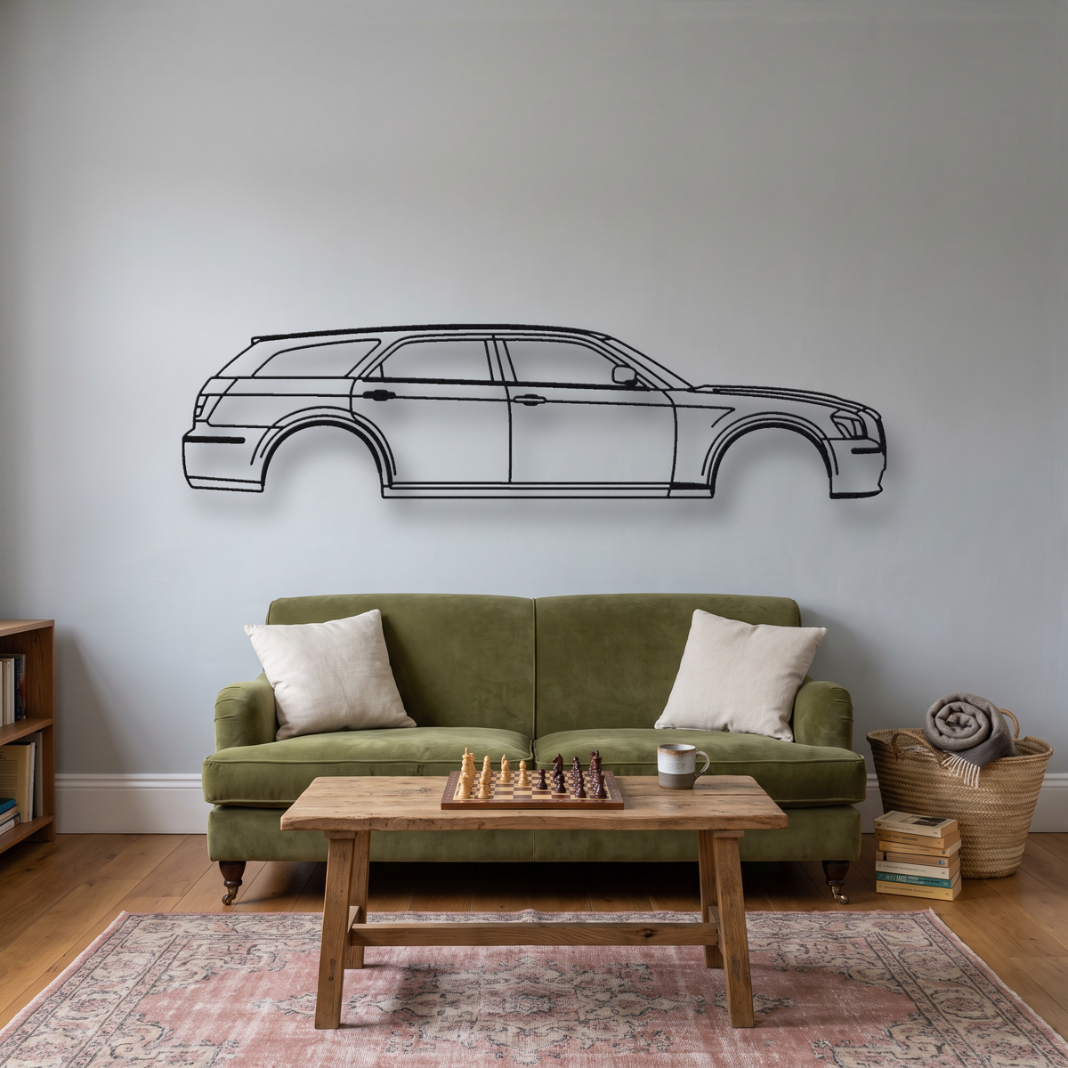 Dodge Magnum SRT8 metal wall art silhouette, front view on wall