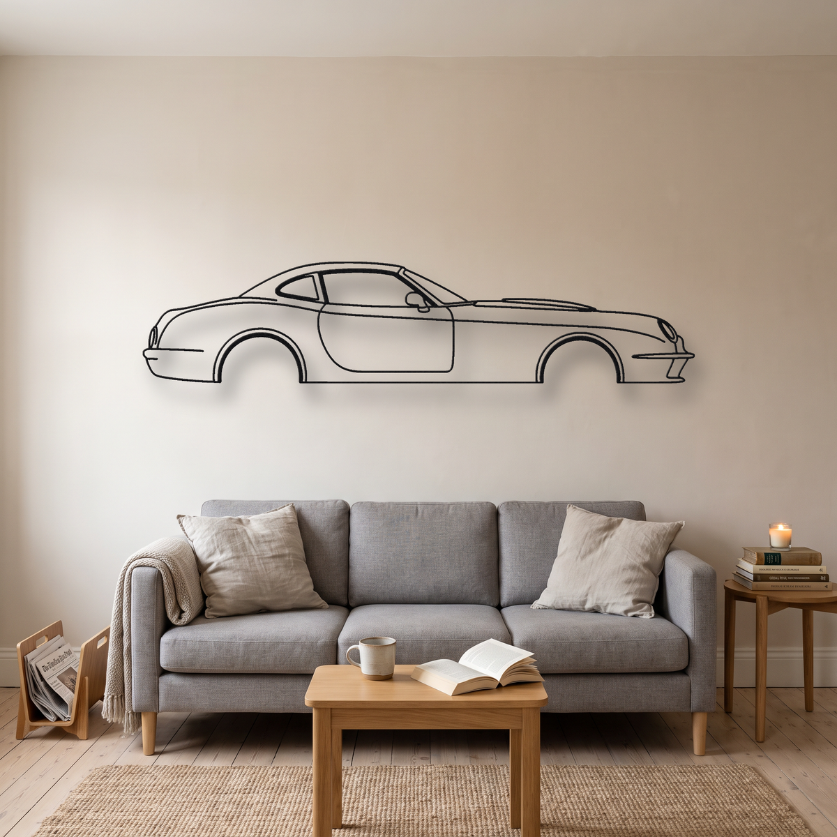 Panoz Esperante metal wall art silhouette, front view on wall