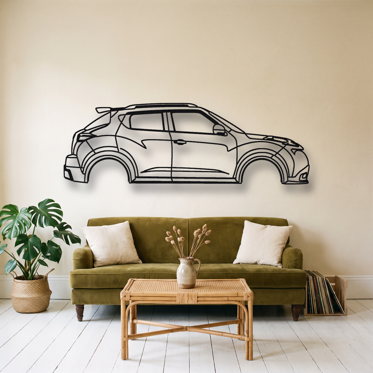 2012-15 Nissan Juke-R metal wall art silhouette, front view on wall