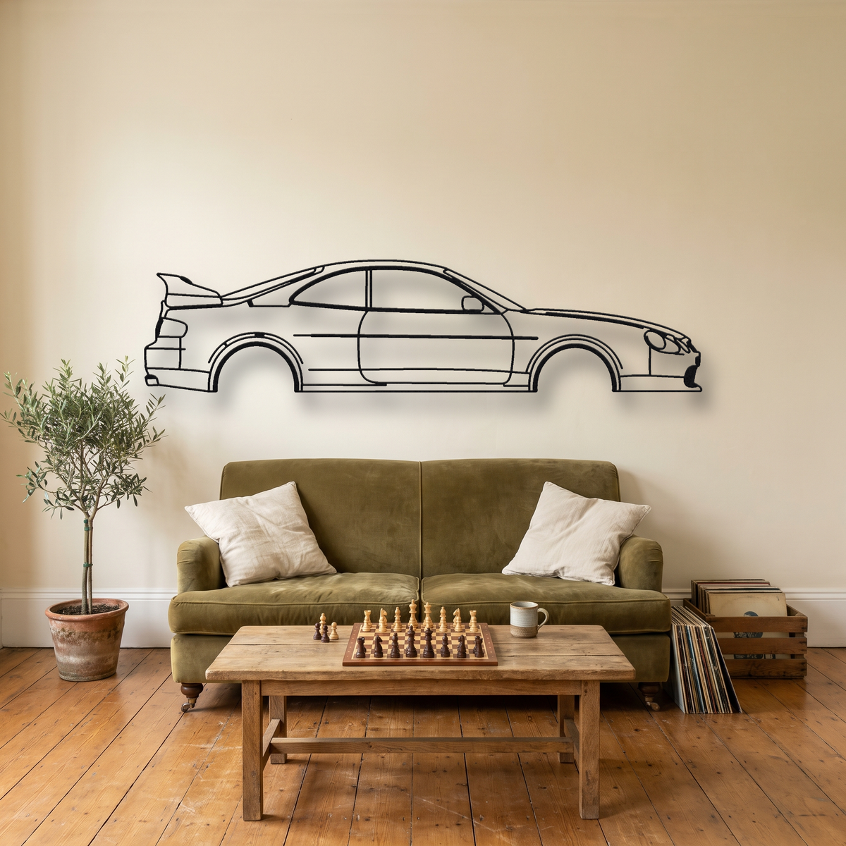 Toyota Celica GT-Four ST205 metal wall art silhouette, front view on wall