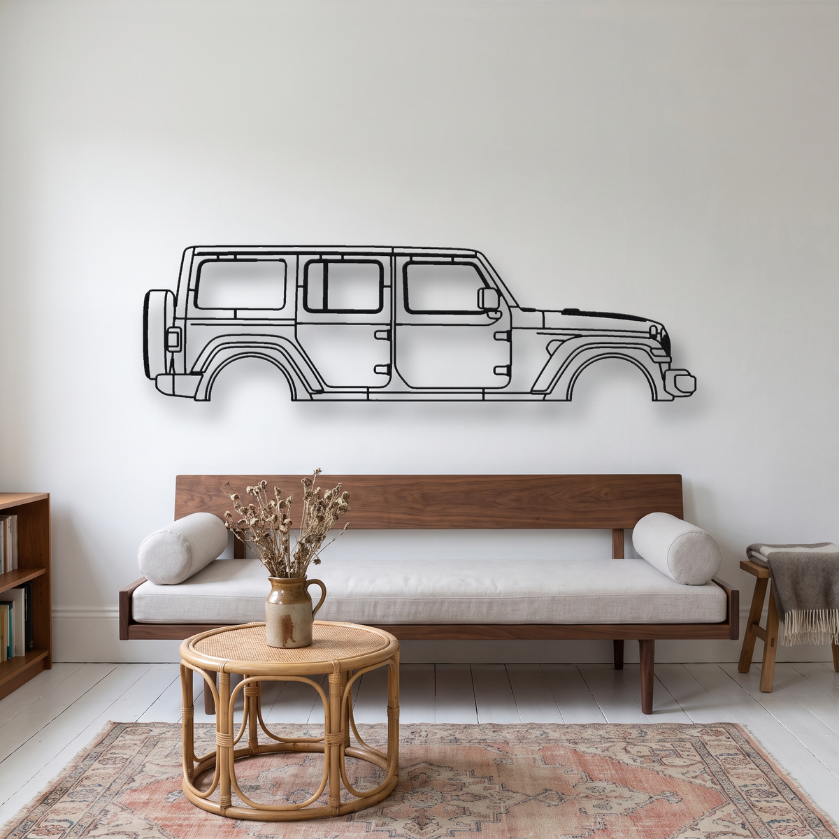 Jeep Wrangler JL metal wall art silhouette, front view on wall