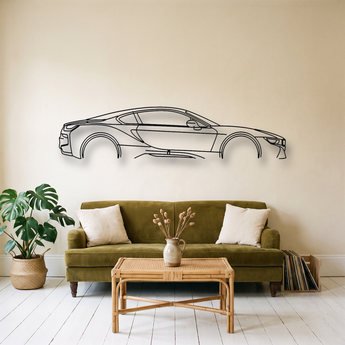 BMW i8 metal wall art silhouette, front view on wall